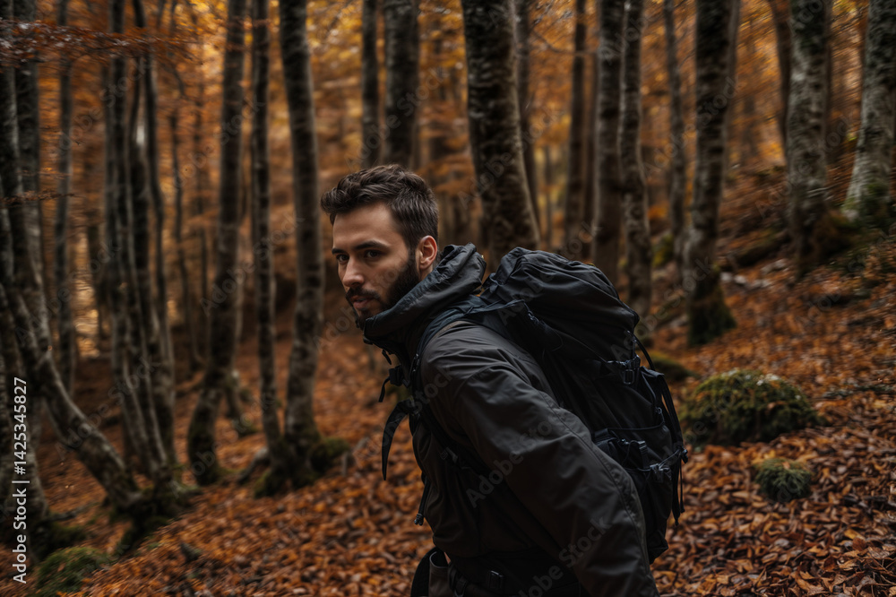 The image shows a man hiking in a forest during autumn, wearing a backpack and a jacket, surrounded by trees with brown leaves on the ground
