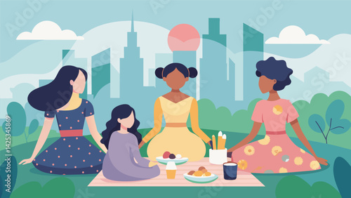 A group of friends enjoying a picnic on a rooftop the soft girl in the center wearing a flowy floral dress and braided hair with the city skyline as.