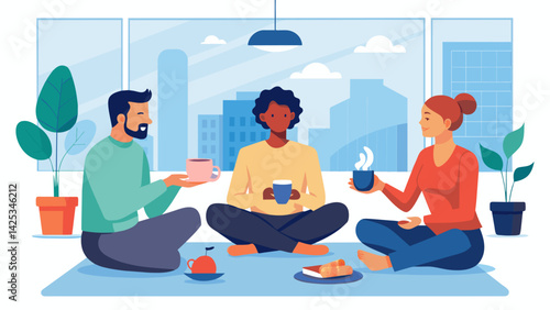 Employees chatting quietly in the corporate quiet room enjoying herbal tea and healthy snacks after a morning mindfulness session.. Vector illustration