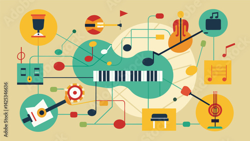 A map representing the intersections between classical music and its influence on modernday orchestral and electronic compositions. Vector illustration