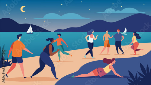 In the evenings guests gather for a peaceful walk along the beach engaging in gentle stretching and deep breathing exercises.. Vector illustration