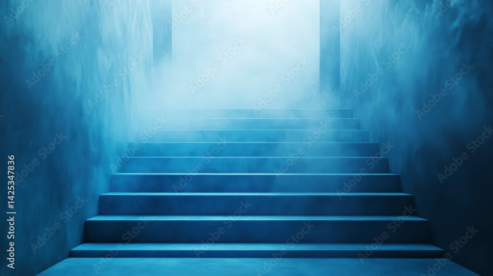 Mysterious blue stairway shrouded in fog, leading to a bright light. Mysterious blue stairway shrouded in fog, leading to a bright light.