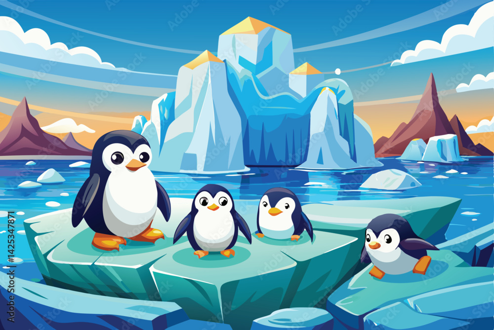 Obraz premium Cartoon Penguins Standing Icebergs with Antarctica Landscape Background
