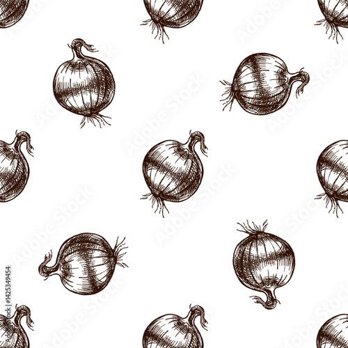 Hand drawn vintage sketch seamless pattern of onion bulbs in, brown ink