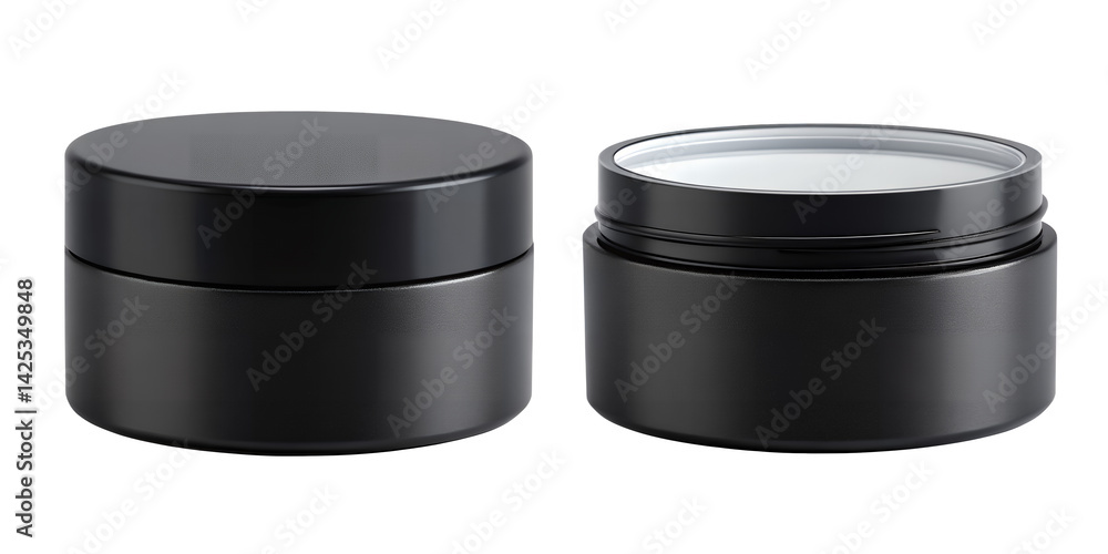 Black Cosmetic Jar Mockup: Two black cosmetic jars, one open and one closed, showcase their sleek design and matte finish. Ideal for presenting skincare or beauty products. Black Cosmetic Jar Mockup: Two black cosmetic jars, one open and one closed, showcase their sleek design and matte finish. Ideal for presenting skincare or beauty products.