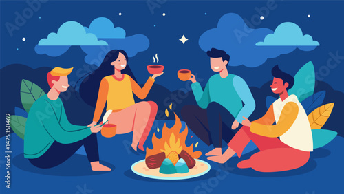 A group of friends gathered around a bonfire sharing a feast of roasted vegetables and meats while telling stories and jokes..