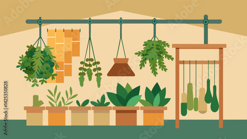 A dedicated herb drying rack hung on a wall in the home apothecary corner with freshly harvested herbs and flowers carefully laid out to dry before.