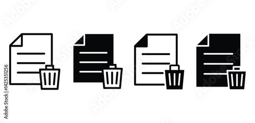 Document Delete Icons Set Trash Can and Paper Black and White Color Vector Design