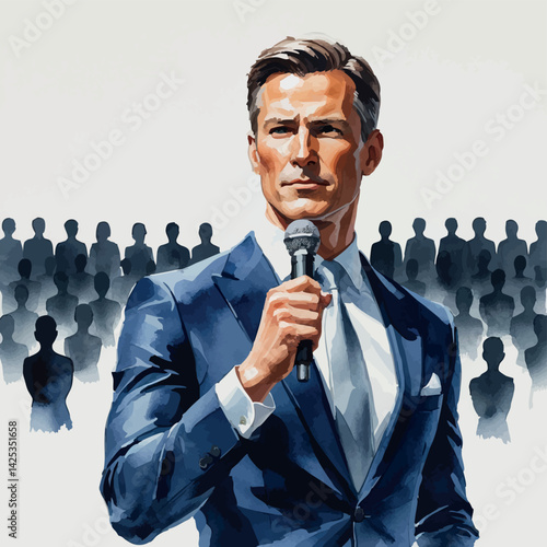 CEO motivational speech. Watercolor vector with stage and spotlight, inspiring scene, isolated.