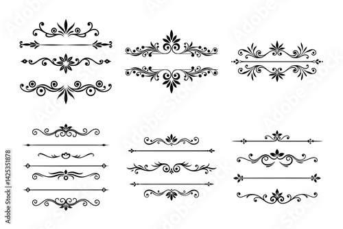 Elegant floral dividers on white decorative flourishes, ornaments, swirl filigree
