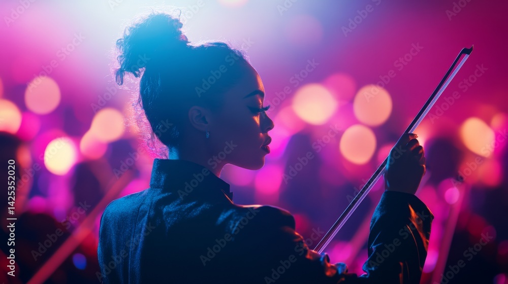 Fototapeta premium A musician stands poised in a vibrant setting. The atmosphere is electric with colors that inspire creativity. Embrace the music and feel the energy. Generative AI