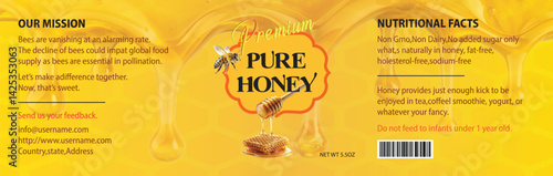 Dripping Honey Over Jar, Bees and Honeycomb on Yellow Label Background