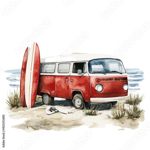 Camper van parked by the beach with surfboards, watercolor illustration, isolated on a white background.

