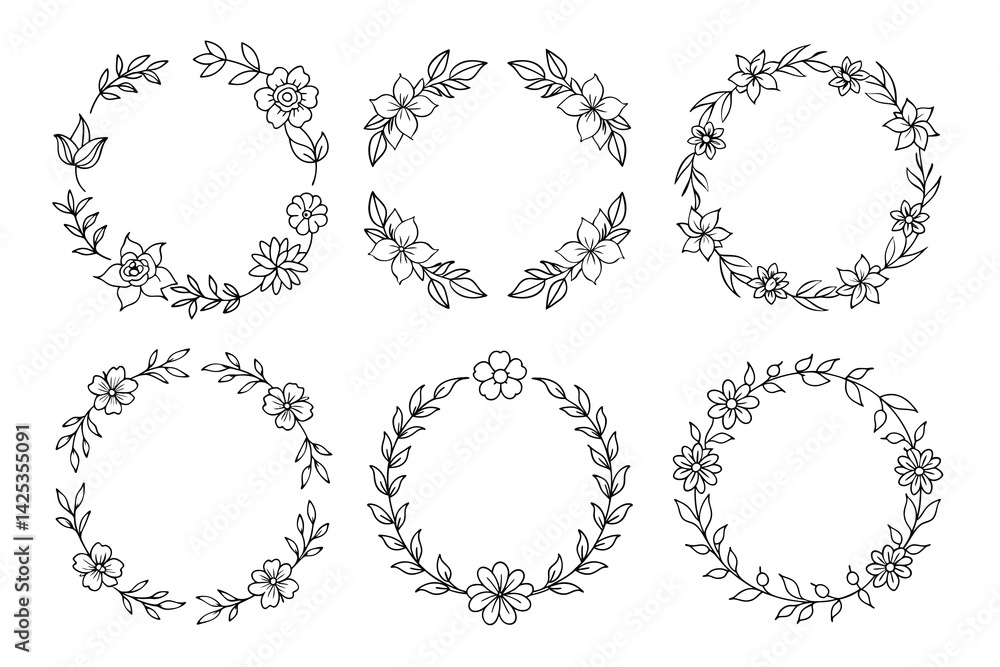 Floral Outline, Set of Six Round Flower Wreaths on White Background Floral Outline, Set of Six Round Flower Wreaths on White Background