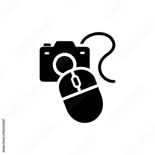 Computer mouse with camera icon symbolizing content creation and organization on digital devices