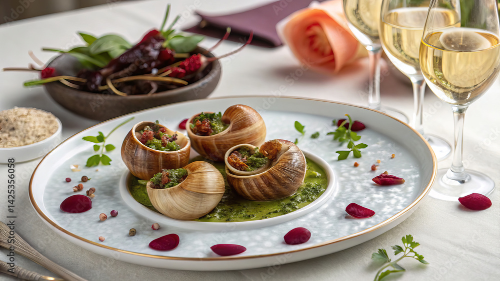 Escargots de Bourgogne - grape snails with garlic butter. Restaurant serving. Haute cuisine - gourmet dish Escargots de Bourgogne - grape snails with garlic butter. Restaurant serving. Haute cuisine - gourmet dish