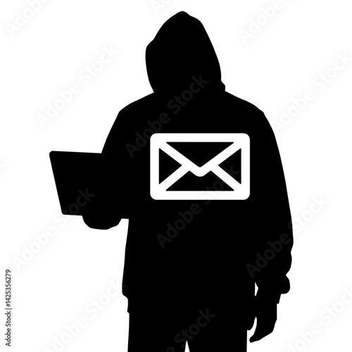 Silhouette of a figure wearing a hoodie holding a laptop with an email symbol on the back, representing phishing and email security concepts