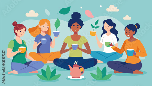 Participants share their favorite herbal tea blends and tips for incorporating yoga into their daily routines.. Vector illustration