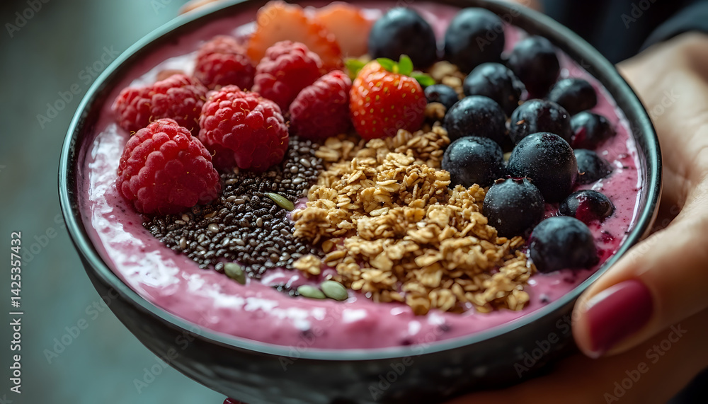 Closeup of a Pink Smoothie Bowl Topped with Berries and Granola Closeup of a Pink Smoothie Bowl Topped with Berries and Granola