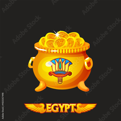 Gold pot full of gold coins in Egyptian style. Isolated Egyptian cauldron with lotus symbol. Golden coins with Egyptian symbols
