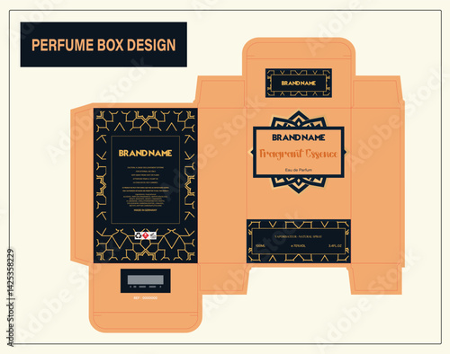 Perfume Box Template, Unfolded View with Geometric Designs, Gold and DarkBlue