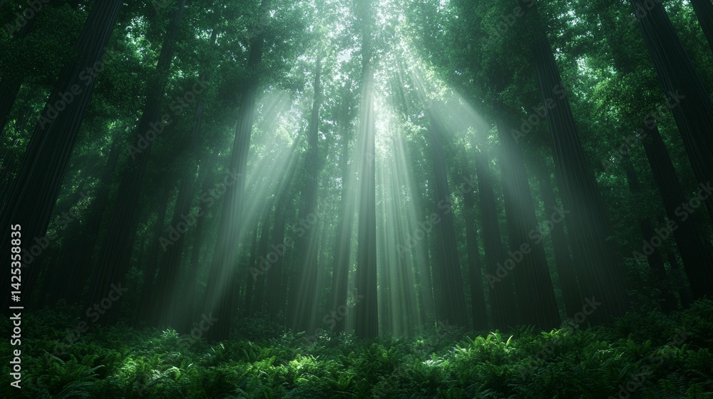 Obraz premium Sunbeams in a Verdant Forest