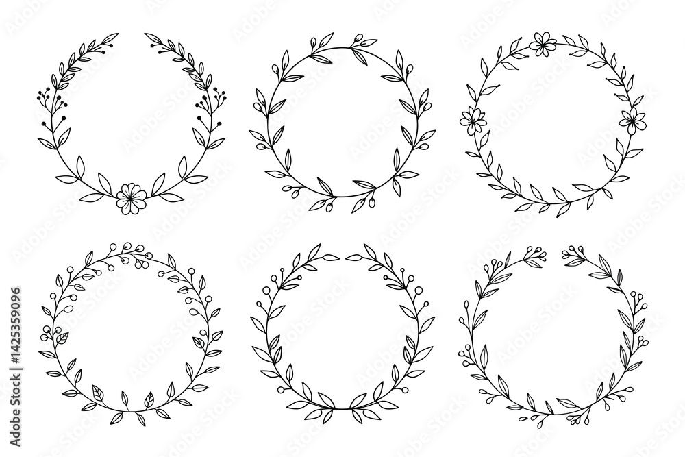 Six Floral wreath Frames with Leaves and Berries. Circle shape with Botanical Elements Six Floral wreath Frames with Leaves and Berries. Circle shape with Botanical Elements