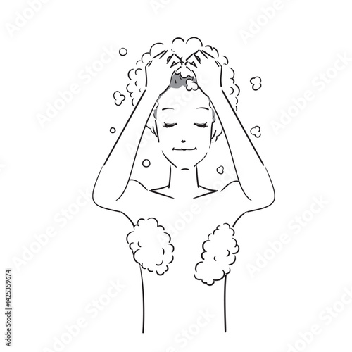 ベクター, イラスト, 洗髪, シャワー, お風呂, バスタイム, 髪を洗う, 髪, ヘアー, ヘアケア, ヘアサロン, ヘアトリートメント, シャンプー, トリートメント, リンス, ビューティー, 美容, 美容院, 美容室, 人物, 日本人, 女性, かわいい, 白バック, 上半身, 髪の毛, ヘアエステ, ヘッドスパ, プロフェッショナルケア, ロングヘア, バスルーム, ヘッドマッサージ,