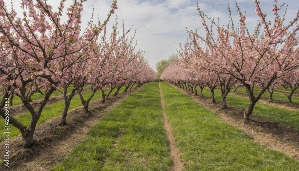 Serene Blossom Pathway in a Lush Pink Cherry Orchard under a Bright Blue Sky Serene Blossom Pathway in a Lush Pink Cherry Orchard under a Bright Blue Sky