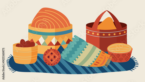A collection of handwoven baskets and rugs made from recycled fabric scraps and rope.. Vector illustration