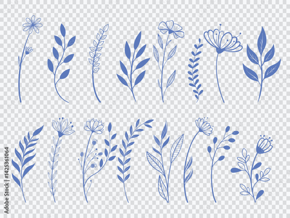Hand-drawn botanical elements featuring elegant floral line art in blue on transparent background. Perfect for decorative designs, wedding invites, scrapbooking, and digital artwork.