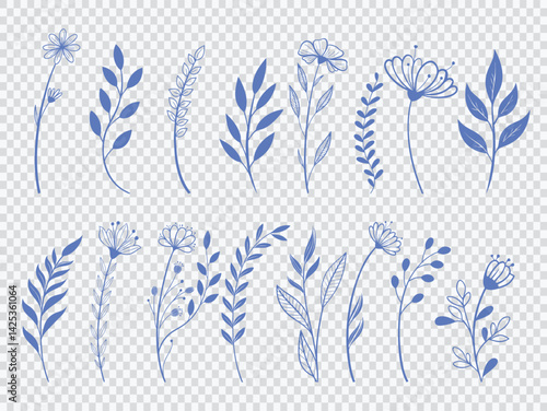 Obraz na płótnie Hand-drawn botanical elements featuring elegant floral line art in blue on transparent background. Perfect for decorative designs, wedding invites, scrapbooking, and digital artwork. w salonie