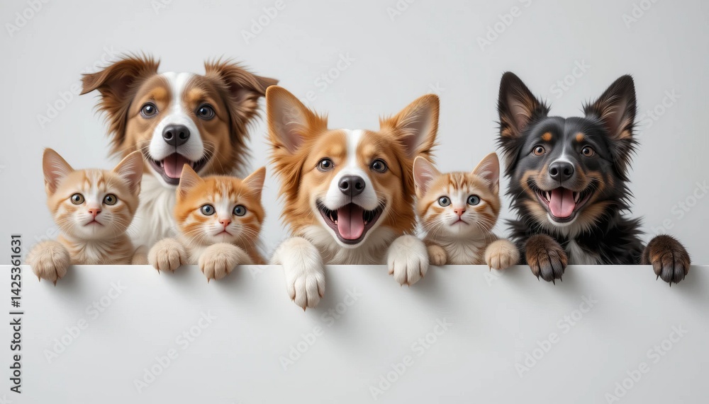 A cute group of small kittens and adorable puppies dogs, isolated on solid background A cute group of small kittens and adorable puppies dogs, isolated on solid background