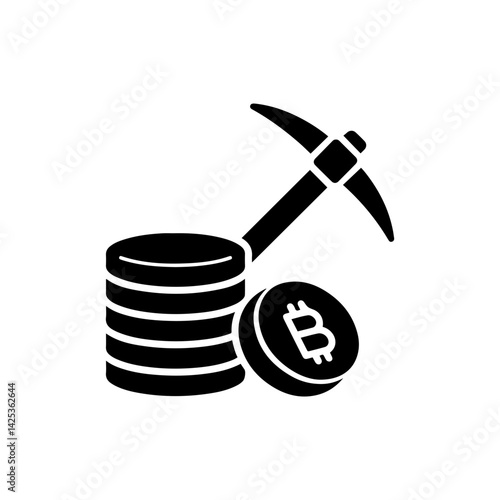 Stack of Coins with Pickaxe Symbolizing Mining Process and Cryptocurrency Rewards