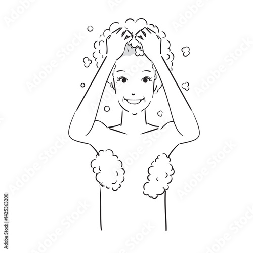 ベクター, イラスト, 洗髪, シャワー, お風呂, バスタイム, 髪を洗う, 髪, ヘアー, ヘアケア, ヘアサロン, ヘアトリートメント, シャンプー, トリートメント, リンス, ビューティー, 美容, 美容院, 美容室, 人物, 日本人, 女性, かわいい, 白バック, 上半身, 髪の毛, ヘアエステ, ヘッドスパ, プロフェッショナルケア, ロングヘア, バスルーム, ヘッドマッサージ,