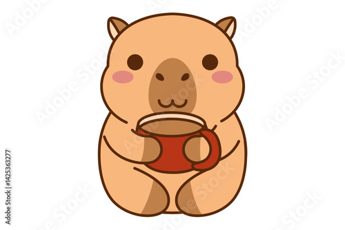 Cute kawaii capybara with coffee cup. Happy Capybara clipart animal illustration. Water guinea pig. Stock vector illustration isolated on white background.