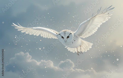 A graceful watercolor snowy owl in mid-flight, with speckled white wings and a soft polar sky in the background.

