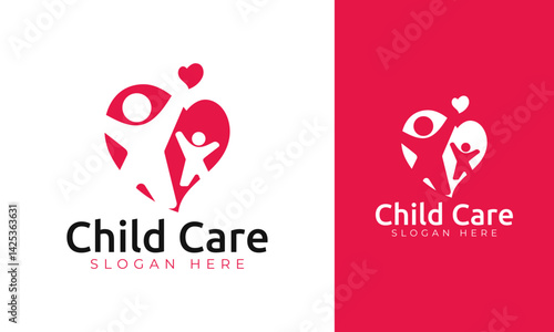 Child care logo design. Symbol with two silhouette and heart concept for hospital icon