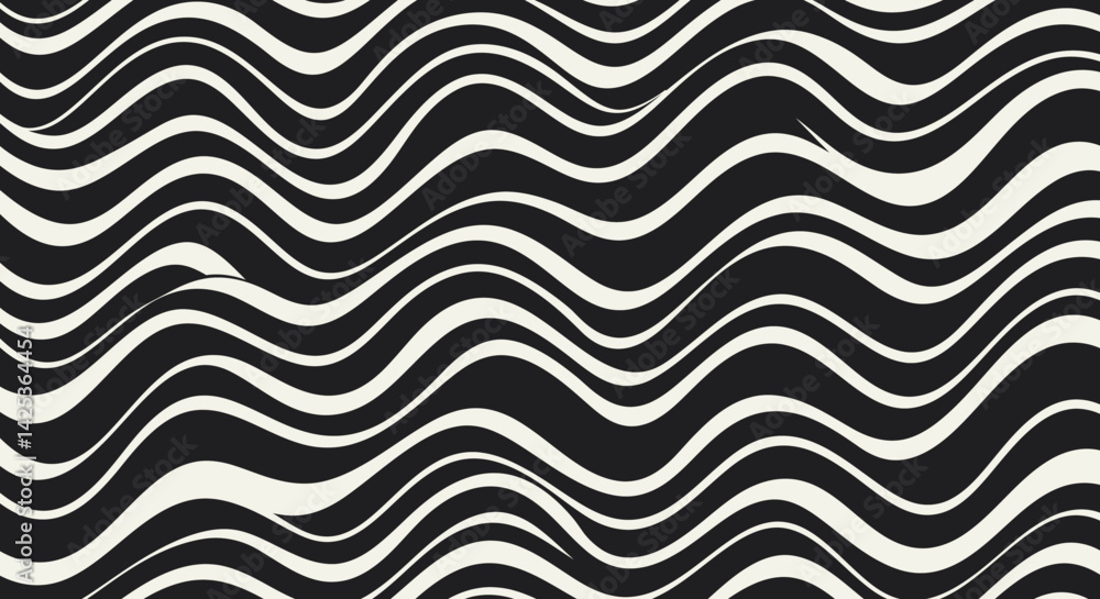 A hypnotic wavy pattern of thick black and white lines that create a sense of depth and movement A hypnotic wavy pattern of thick black and white lines that create a sense of depth and movement