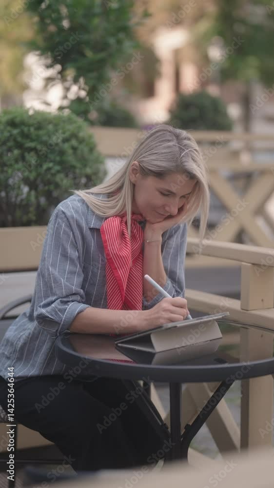 A blonde woman sits at a table outdoors and draws on a tablet with a stylus pen. She's wearing a striped button-up shirt and a red scarf, focused on her digital artwork. A blonde woman sits at a table outdoors and draws on a tablet with a stylus pen. She's wearing a striped button-up shirt and a red scarf, focused on her digital artwork.
