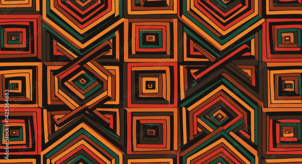 Abstract geometric artwork of interconnected squares diamonds and chevrons with earthy tones and layered patterns