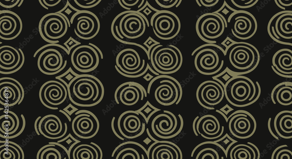 Abstract pattern with spiraling swirls and diamond shapes creating a repetitive design on a dark backdrop Abstract pattern with spiraling swirls and diamond shapes creating a repetitive design on a dark backdrop