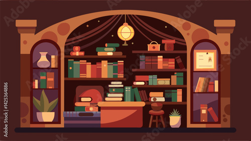 A cozy nook in the shop features a curated vintage book collection perfect for those seeking literary treasures from bygone eras.. Vector illustration