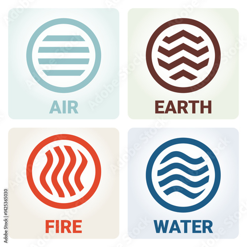 Four elements of nature: earth, water, fire and air. Vector environment symbols in circles. Colorful esoteric pictograms for game design and nature logos.