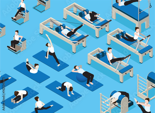Wellness Center Pilates Yoga Background Isometric Vector Set