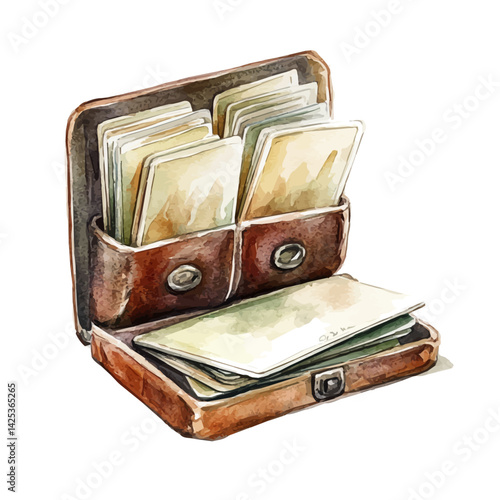 Business card holder with cards, watercolor illustration, isolated on a white background.

