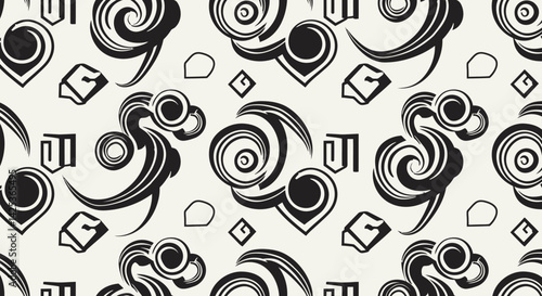 Repeating black and white patterns with swirls and shapes scattered across the surface