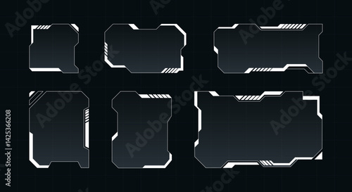 Futuristic HUD  frames in a high-tech sci-fi style on grid dark background. Collection for games, cyberpunk or UI UX design. Trendy vector illustration