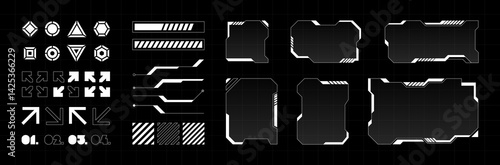 Futuristic HUD elements and interface components including arrows, frames, bars, and shapes in a high-tech sci-fi style. Collection for games, cyberpunk or UI UX design. Trendy vector illustration