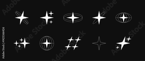 Collection of different stars that burst and sparkle. Bright firework, decoration twinkle, shiny flash and globe grids with stars. Glowing light effect collection. Vector graphic design
